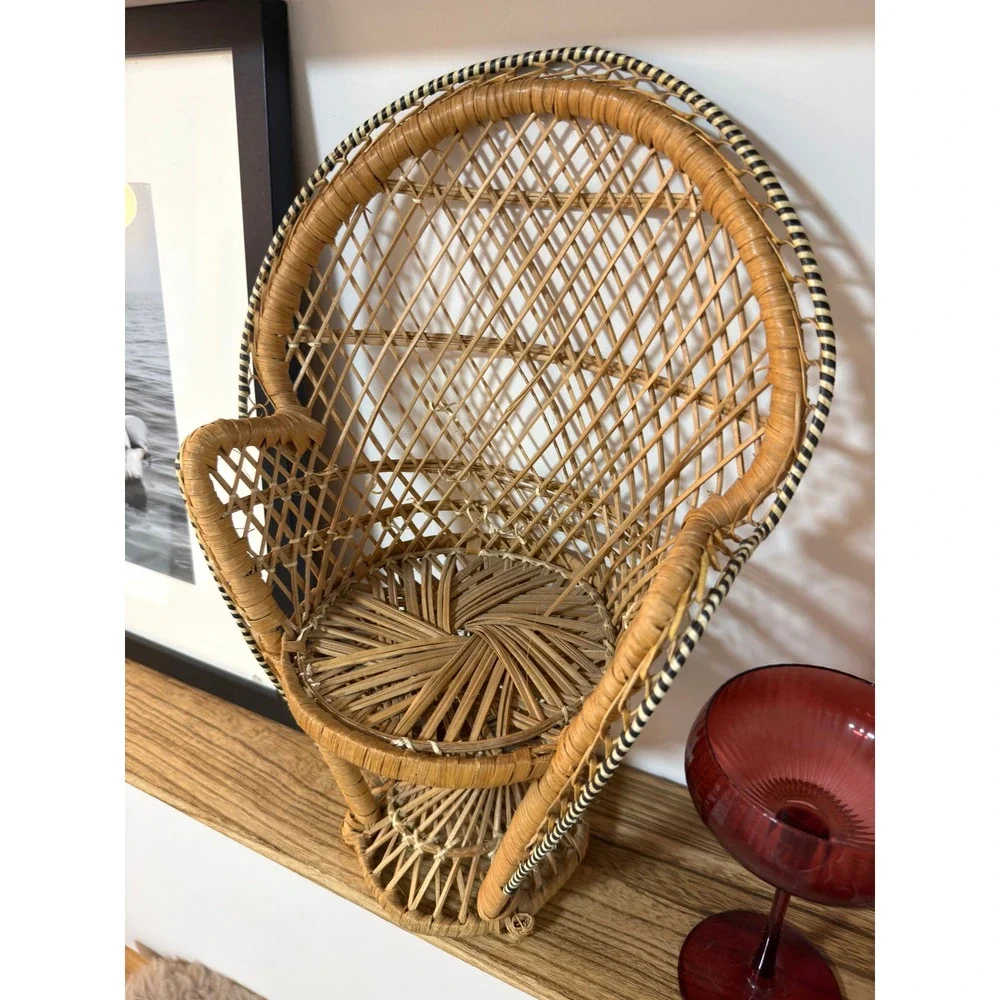 Vintage Mini Peacock Chair Wicker Rattan Boho Doll Plant Display